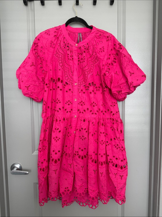 Anthropologie Dresses & Skirts - Anthropologie Hot Pink Eyelet Puff-Sleeve Mini Dress